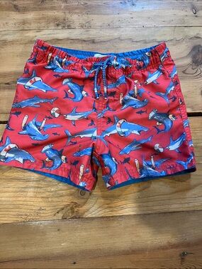 FAT FACE Boys 5 Red Shark Print Swimming Trunks Swim Beach